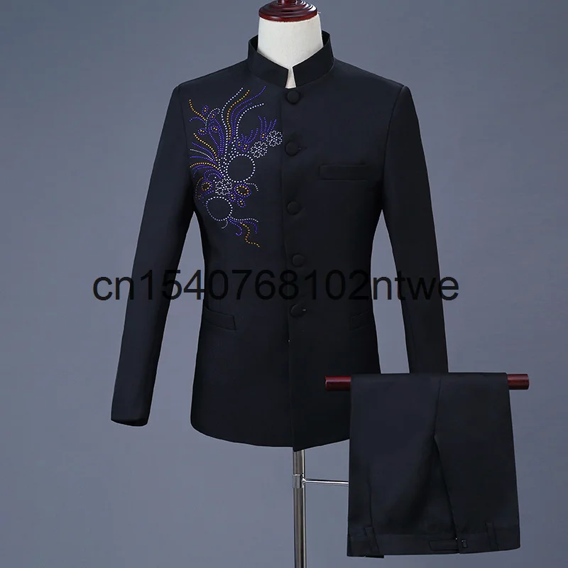 

Мужской костюм для хора, костюм для выступлений, черный китайский горный костюм с приклеивающимися бриллиантами, костюм для выступлений на ...