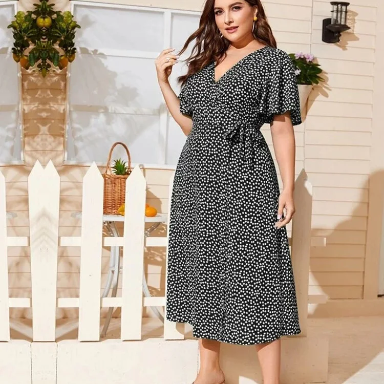 Vestido de talla grande para mujer, bata estampada con flores, cuello de pico, manga corta, lunares, con cordones, 2021