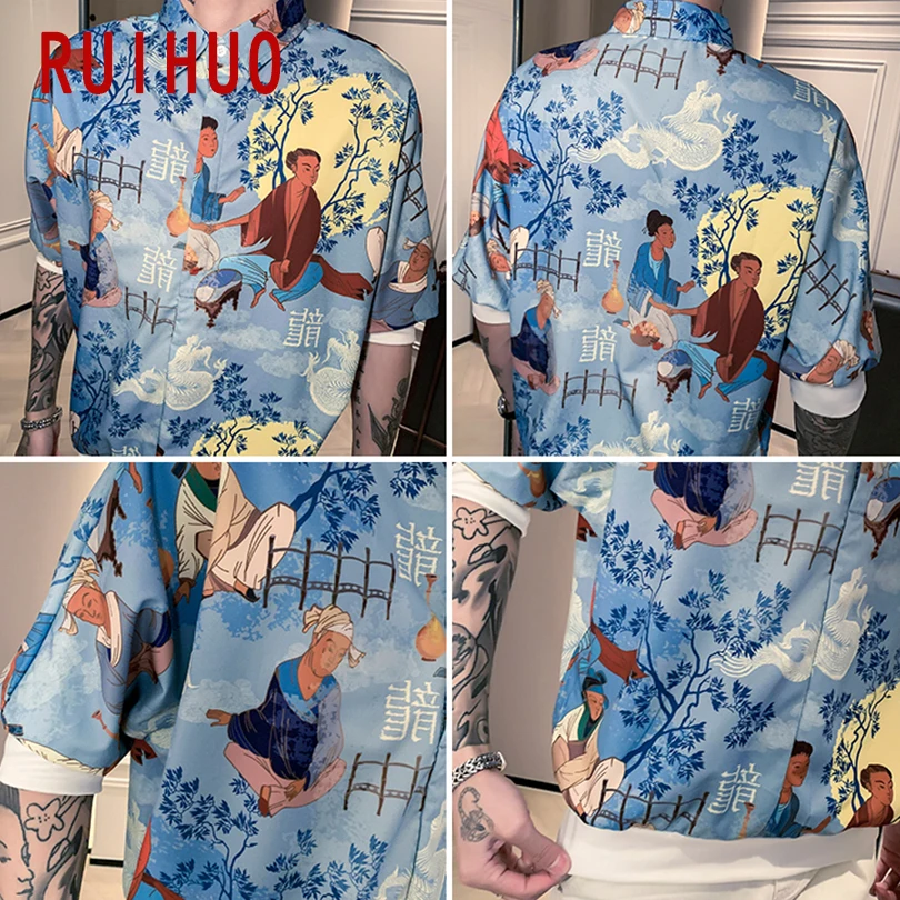 Повседневные рубашки RUIHUO с принтом в китайском стиле для мужчин одежда гавайская