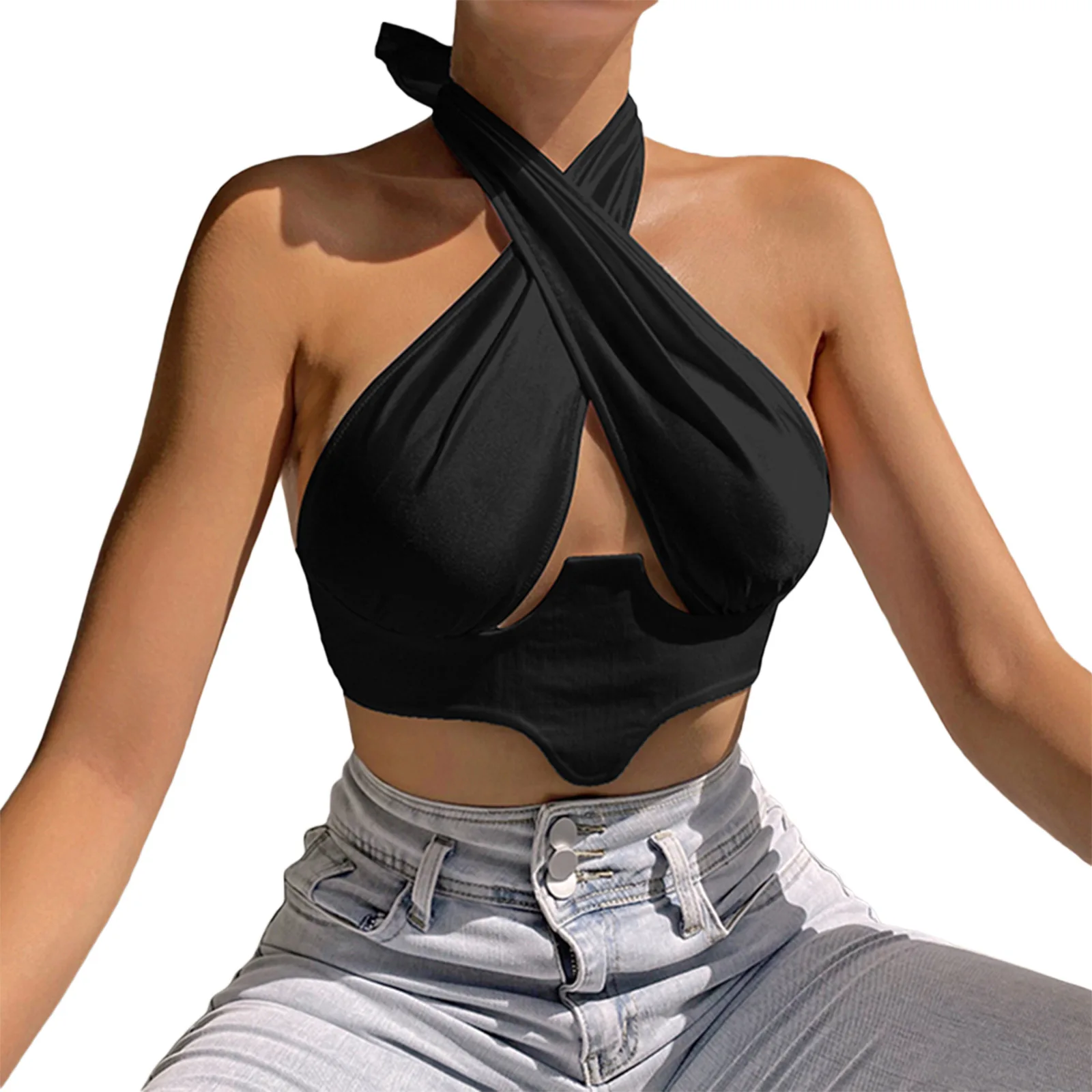 

2021 Summer Women's Plain Crop Tank Tops Sleeveless Cross Halter Neck Irregular Hem Camisole