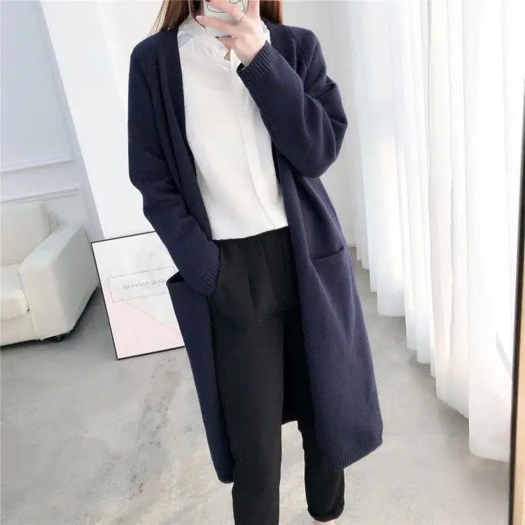 

2021 Autumn Winter Women Fashion Loose Long Knit Sweater Coats Female Solid Color Cardigans Ladies Warm Knitwear Outerwear T559