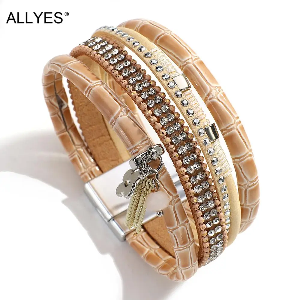 

ALLYES Vintage Exquisite Black Crack Leather Bracelet for Women Multilayer Rhinestone Rivet Charm Wide Wrap Bracelet Jewelry