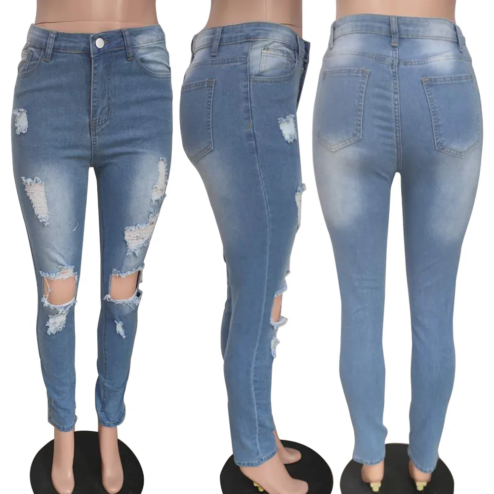 

Women Fashion Slim Fit Jeans Hot Washed Color Ripped Hole Tassel Stretchy Mid-waist Denim Pencil Long Pants Trousers