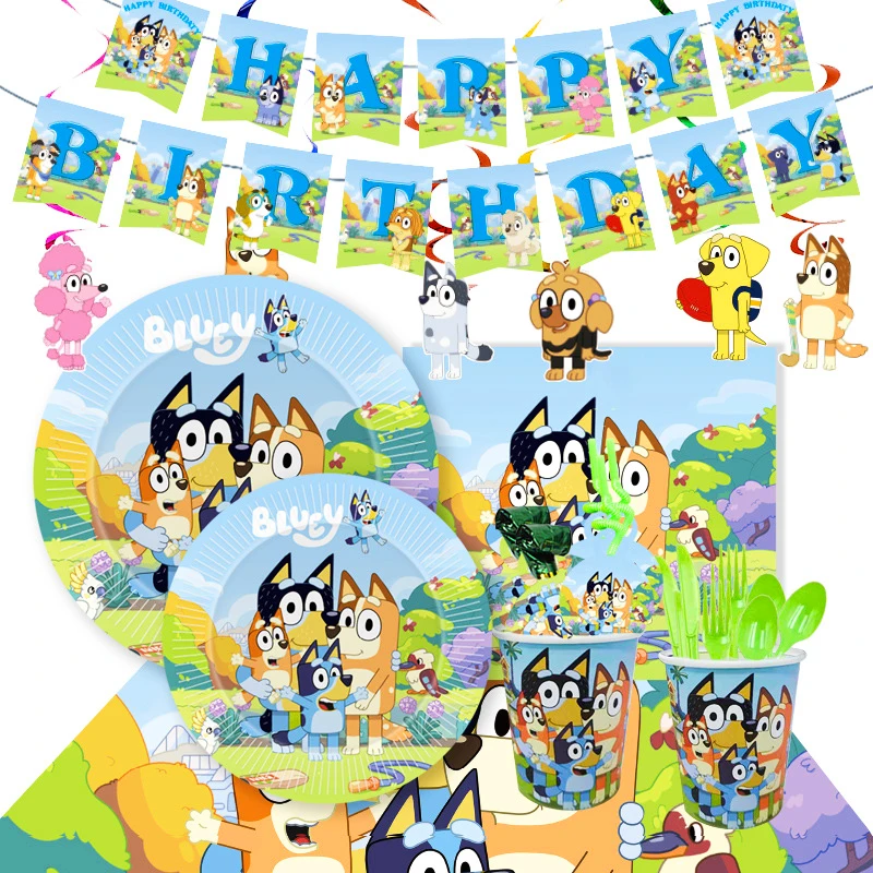 

New Cartoon Dogs Bingo Bluey Theme Party Disposable Tableware Set Plates Gift Bag Cups Decorations Birthday Baby Shower Supplies