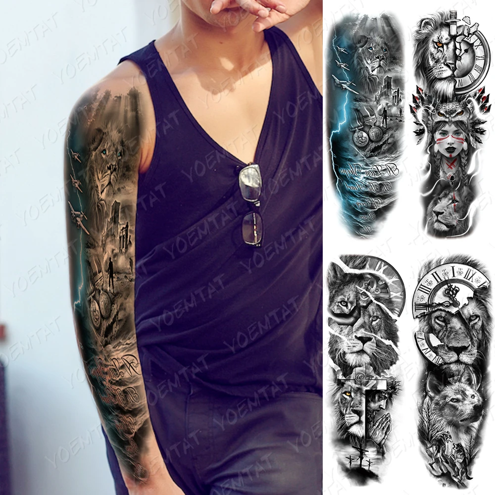 

Waterproof Temporary Full Arm Tattoo Sticker Warrior Tribal Totem Lion Cross Flash Tattoos Man Body Art Fake Sleeve Tatto Women