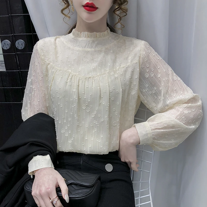 

Fashion women's chiffon shirt 2021 spring new slim slimming fungus collar chiffon crochet shirt bubble sleeve chiffon shirt