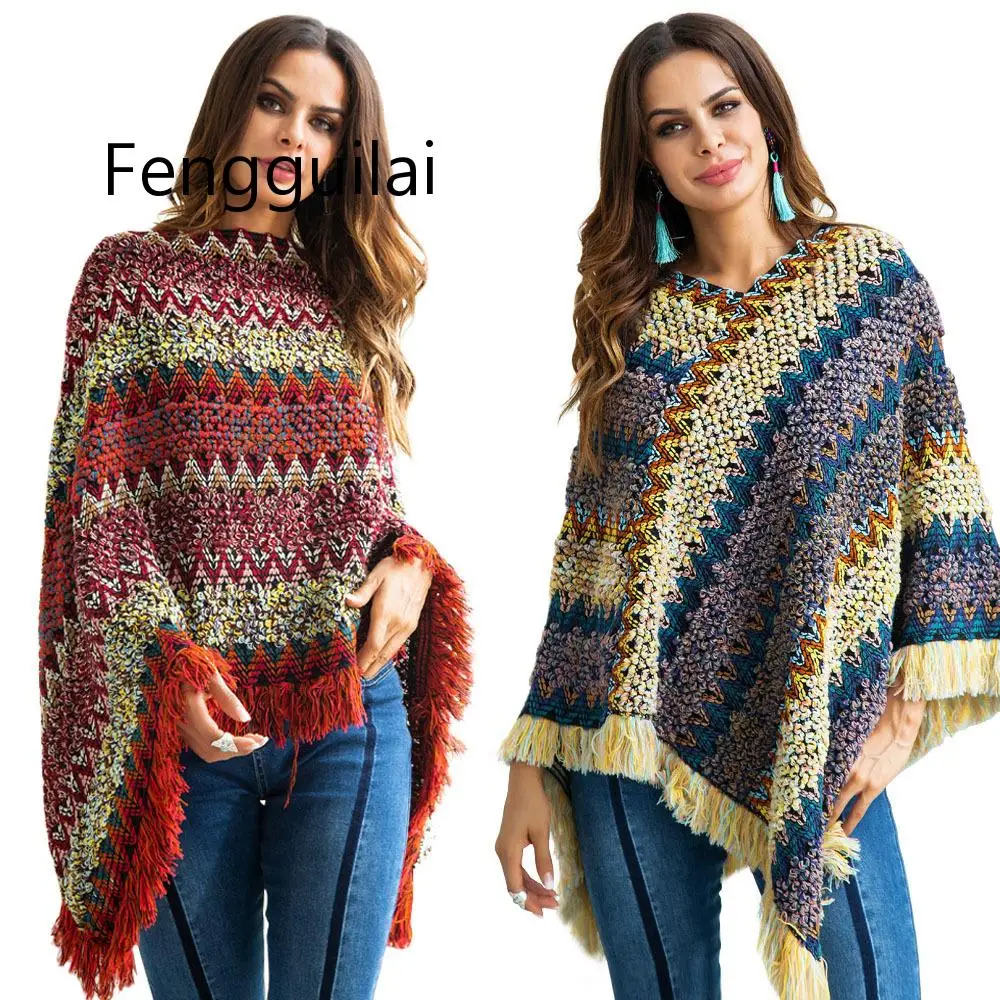 

FENGGUILAI Style Women Tassel Cloak Sweater 2019 Casual Turtleneck Knitting Pullovers Batwing Sleeve Patchwork Capes One Size