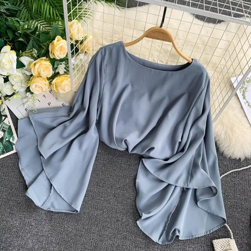 

2020 summer new chiffon women blouse o-neck flare sleeved solid short high waist office lady elegant pulls outwear coat tops