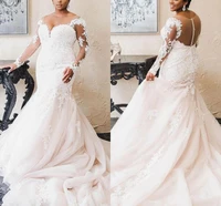 lace mermaid wedding dresses plus size bridal gowns long sleeves v neck covered button court train african lady robe de marriag