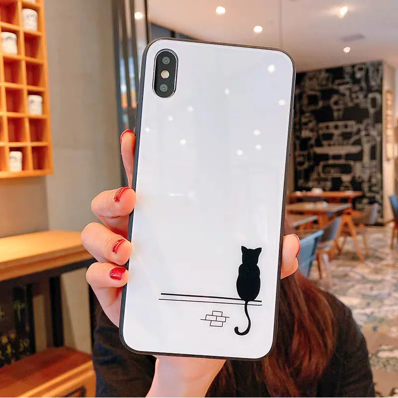 A2 Чехол из закаленного стекла с милым мультяшным котом для iphone 11 Лот pro max xr xs X 7 8 6s 6 plus, силиконовый защитный чехол для влюбленных - Цвет: A2