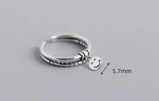 

S925 silver woman's ring, original design opening adjustable, retro double-layer smiling face silver ring for women