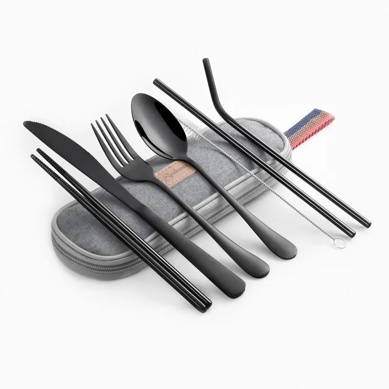 Cutlery set black1 Нержавеющая сталь набор посуды для путешествий походный набор столовых приборов многоразовые столового серебра с Ложка Вилка палочки дозирующая детская ложка для соломы и Портативный чехол - Цвет: Cutlery set black1