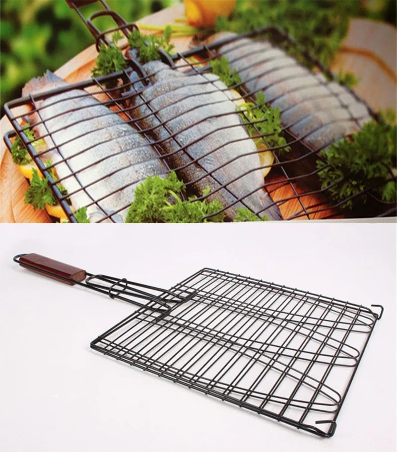 

Summer Non-stick Grill Rack Accessories Triple Basket Wooden Handle Outdoor Camping Spring Outing Fish Barbecue Tool