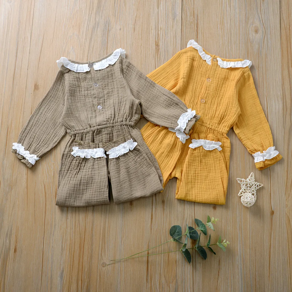 Однотонные кружевные Ползунки с оборками для маленьких девочек комбинезон