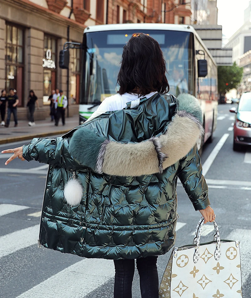 Пуховик с натуральным лисьим мехом, зимняя женская теплая белая пуховая куртка, блестящая зимняя ветрозащитная толстая верхняя одежда, женские пуховики