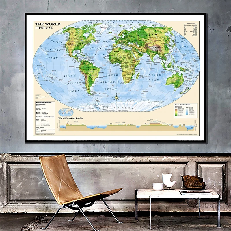 

150x225cm The World Physical Map Posters and Prints Wall Art Picture Canvas Paintings for Home Decoration
