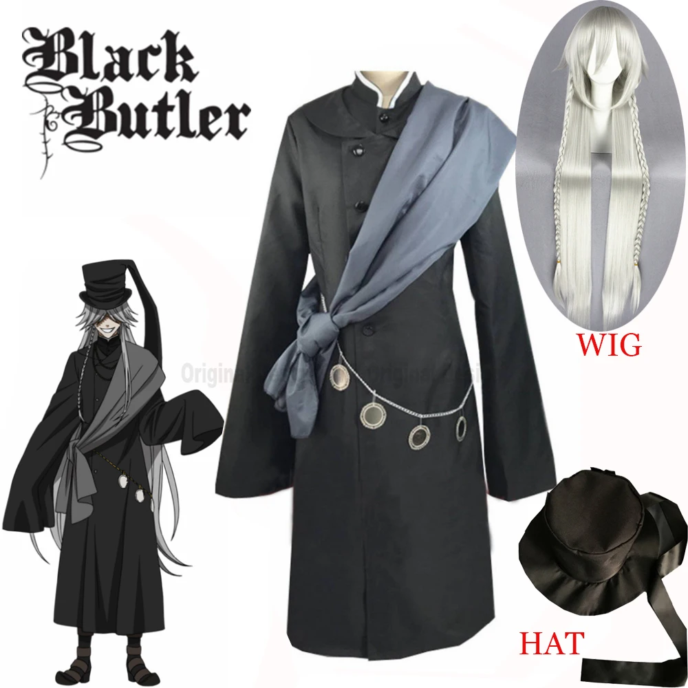 Hot Sale Black Butler Kuroshitsuji Undertaker Cosplay Costume Halloween Party Costumes Custom Made Full Set Hat Chain and wig