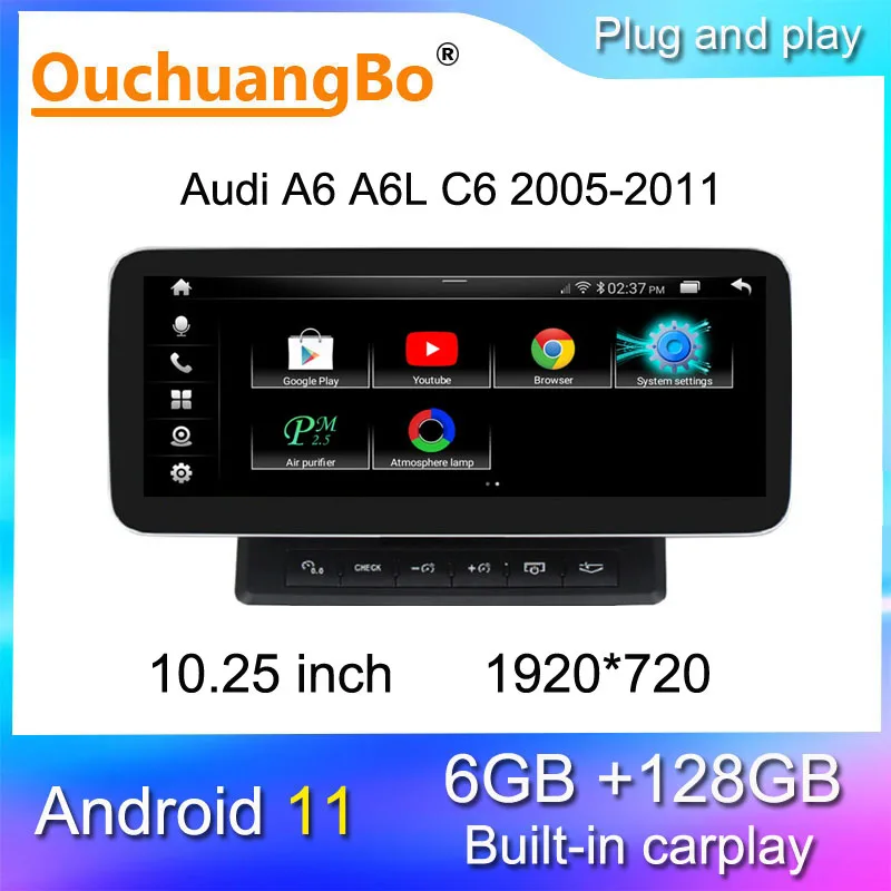 Ouchuangbo multimedia radio gps for 10.25 inch Audi A6 C6 Q7 2005-2011 Android 11 Qualcomm stereo recorder carplay 1920*720