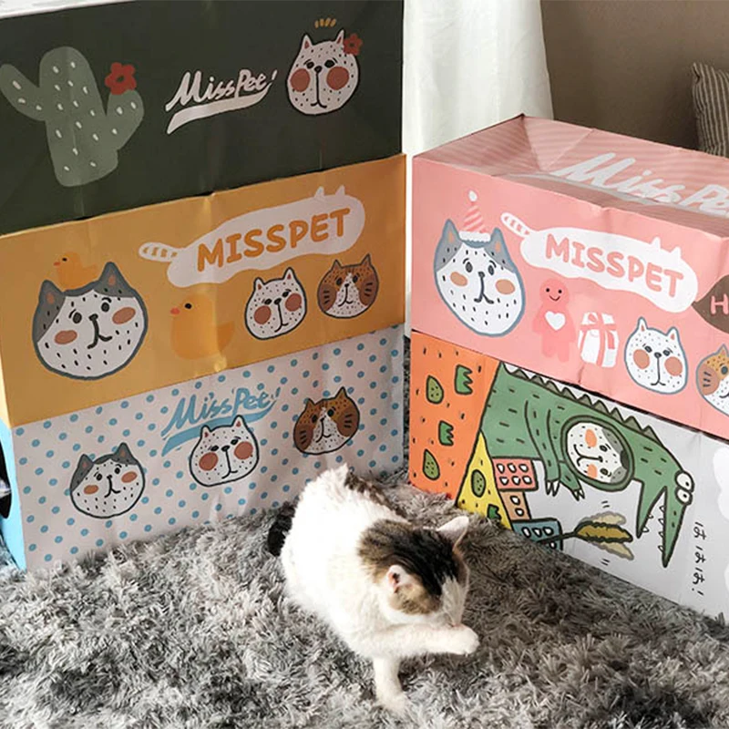 Кошачий туннель крафт бумажный мешок Складные 2 отверстия милый дизайн