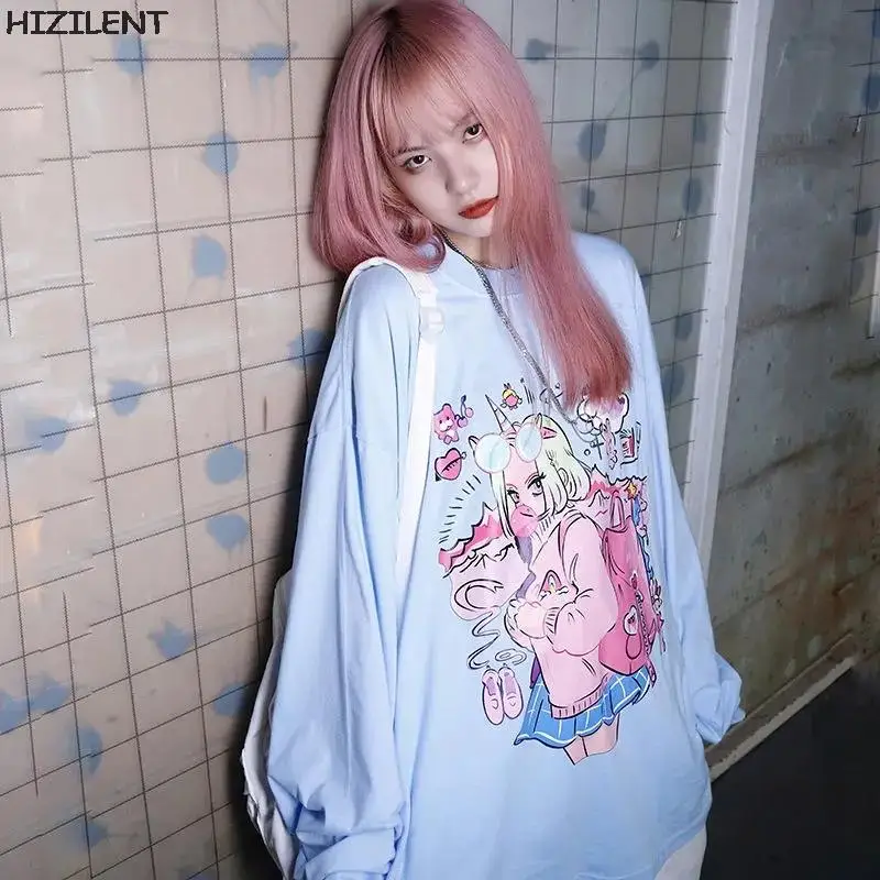 

202Spring Autumn Harajuku Japanese kawaii anime printing loose Round neck long-sleeve T-shirt bottoming plus size women clothing