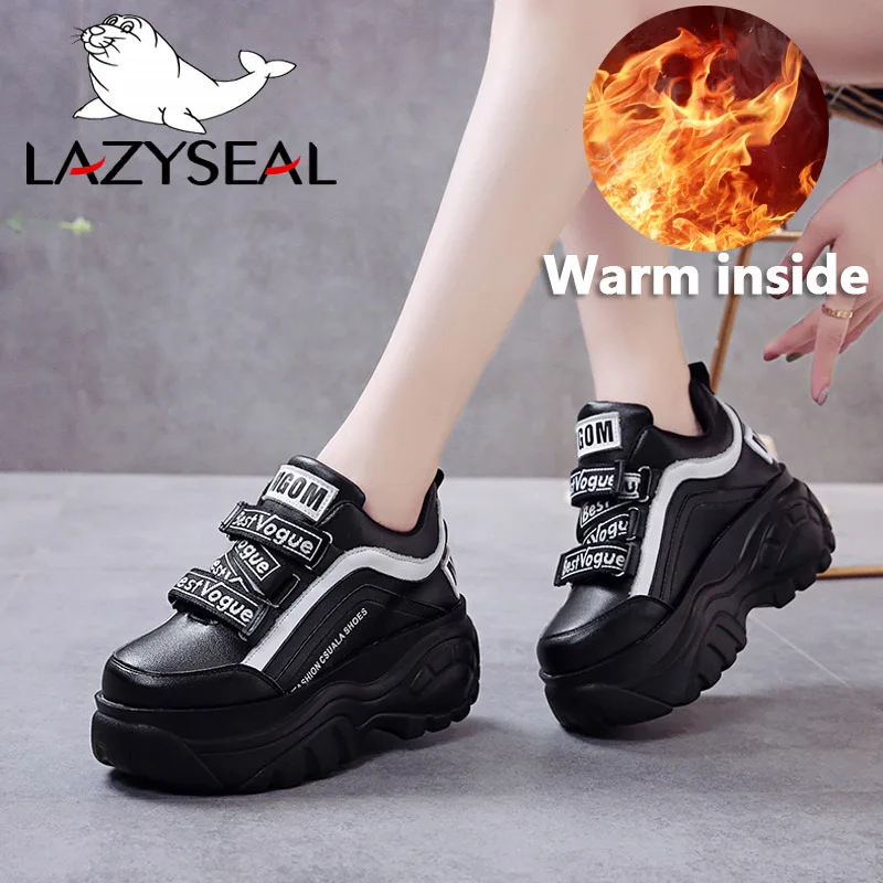 LazySeal ботинки на платформе; женские кроссовки, визуально увеличивающие рост; ботильоны для женщин; прогулочная обувь на не сужающемся книзу массивном каблуке с круглым носком и застежкой-липучкой - Цвет: Black-Warm