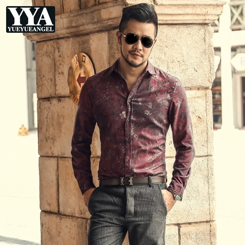 

Рубашка мужская с длинным рукавом, винтажная деловая Повседневная приталенная, с цветочным принтом, модная Топ для вечеринок, весна-осень