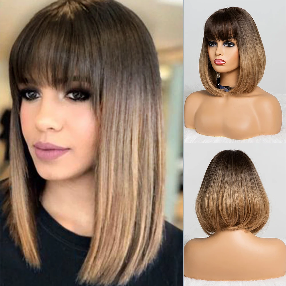 Крошечные LANA короткие прямые Ombre черный коричневый синтетические парики с челкой для женщин боб парик жаростойкий Лолита косплей парик