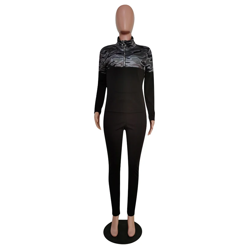 

Casual 2 Piece Outfits for Women Camouflage Printed Zipper Neck Pockets Design Long Sleeve Tops & Solid Skinny Pants Set