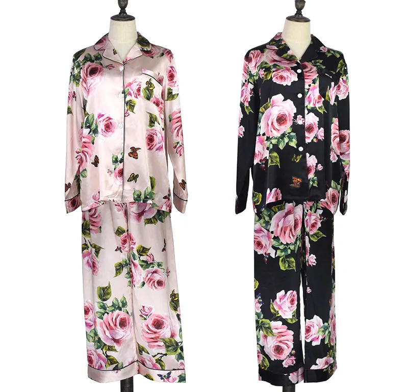 Women Silk Pajamas Set Sleepwear Spring Long Sleeve Mujer Pijamas Nuisette Lingerie Nightwear Silk Satin Rose Pyjamas Suit 2Pcs