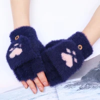 winter student writing cat claw flip knitted gloves half finger plush cute lovely girl exposed finger wool warm mittens new