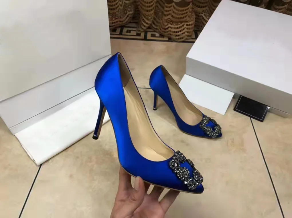 

Women Shoes Blue Satin Jewel Buckle Pumps Wedding Bride Bridesmaid