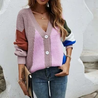 womens cardigan single breasted sweater tops long sleeve v neck patchwork female elegant temperament sweaters autumn 2021