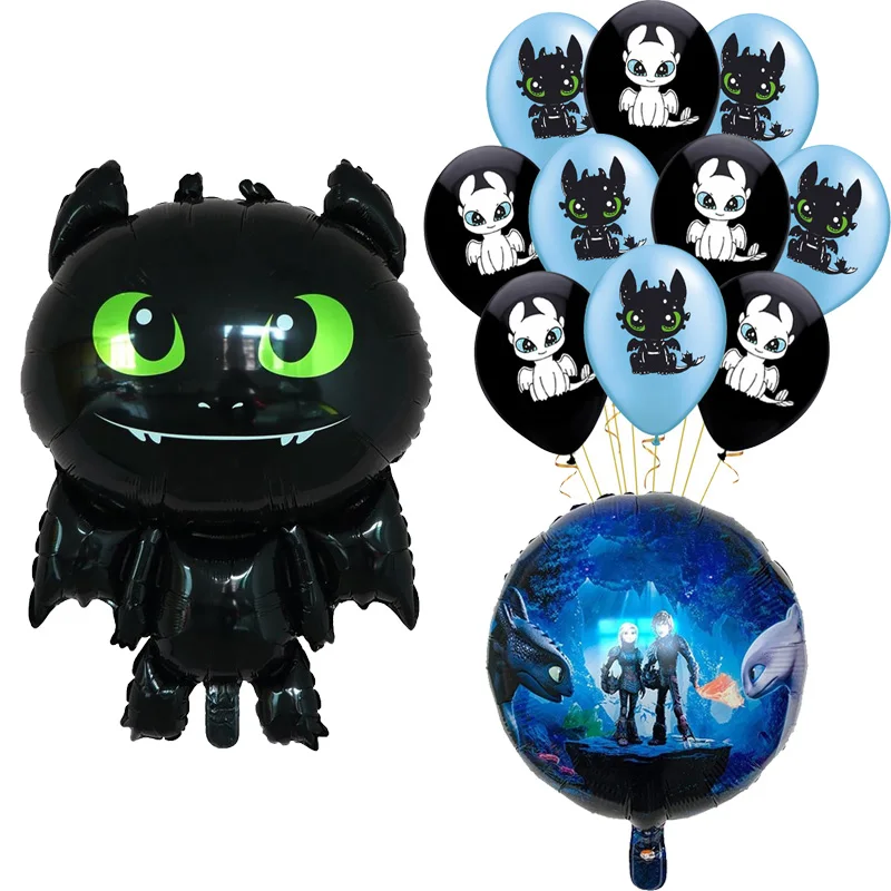 Воздушный шар без зубов из фольги дракона Беззубик зеленые глаза черный лун