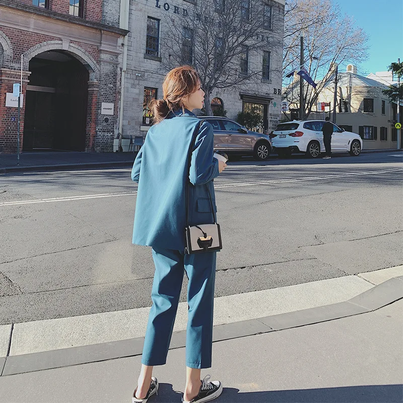 

2021 Women Pant Suit Light Blue Black Gray Double Breasted Notched Blazer Jacket & Pant Office Wear Women Suits Female Sets T12