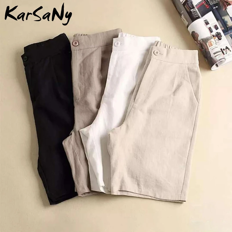

White Linen Long Shorts Women 2021 High Waist Loose Black Cotton Linen Pants For Women Plus Size Women's Long Bermuda Shorts