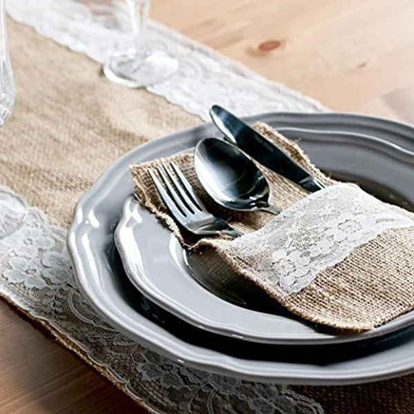 

50 Pcs Natural Jute Cutlery Knives and Forks Cutlery Set Silverware Bag Holder Burlap & Lace Party Wedding Decor, 21x11cm