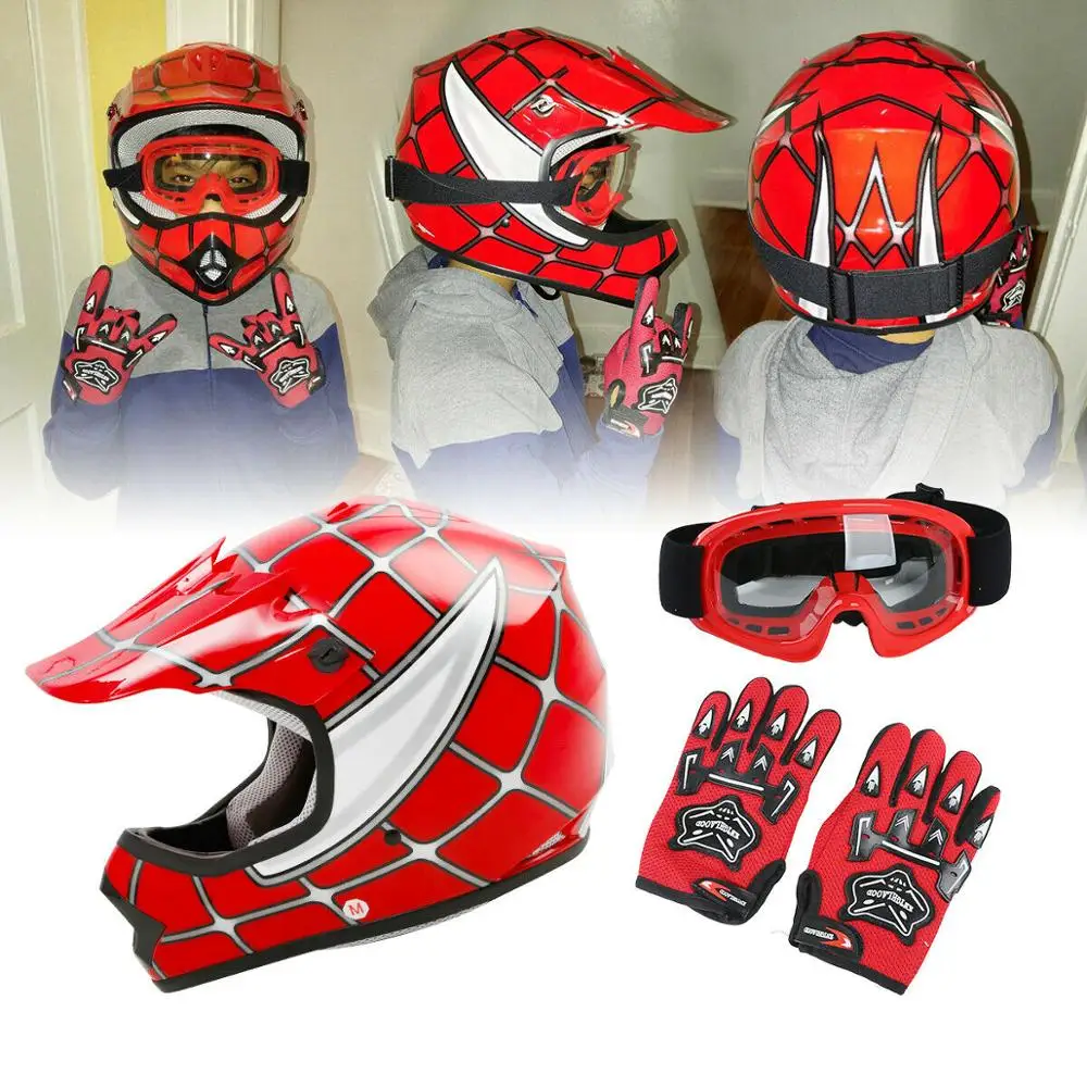 Motorcycle DOT Youth Kids Cycling Helmet Red Spider Net Motocross Off-Road Sports Safety Goggles+Gloves Equipment | Автомобили и
