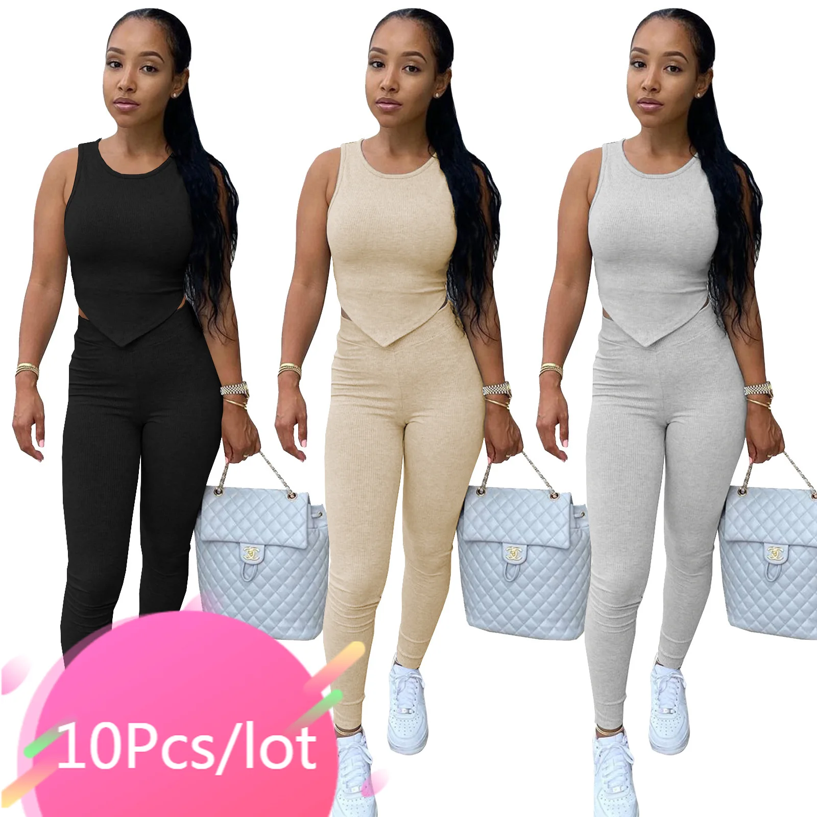 

Bulk Item Wholesale Lots Sexy Two Piece Set Solid Sleeveless Vest Long Pants Casual Stretchy Women Active Workout Tracksuits