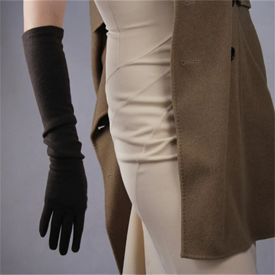 

Women Cashmere Wool Deep Brown Gloves Elegant 50cm Long Section Elbow Elastic Female Models Seiko Retro Dress 5-YR09