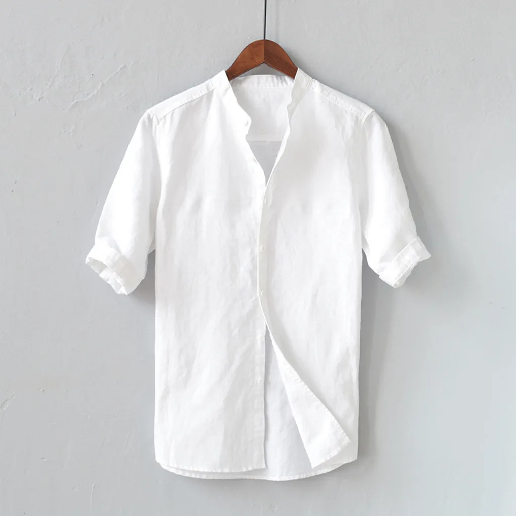 

Men Shirts Mens White Shirt Linen Summer Men's Breathable Solid Color Button Cotton Shirt Five-point Sleeve Sleeve Camisa #40