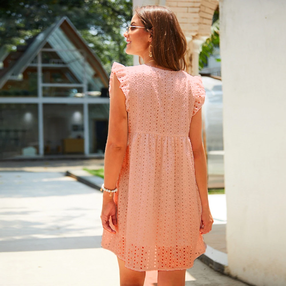 

Elegant Female V Neck Swing Mini Dress Hollow Out Lace Sleeveless A-Line Tank Dress Spring Summer Plain Color Sundress Vacation