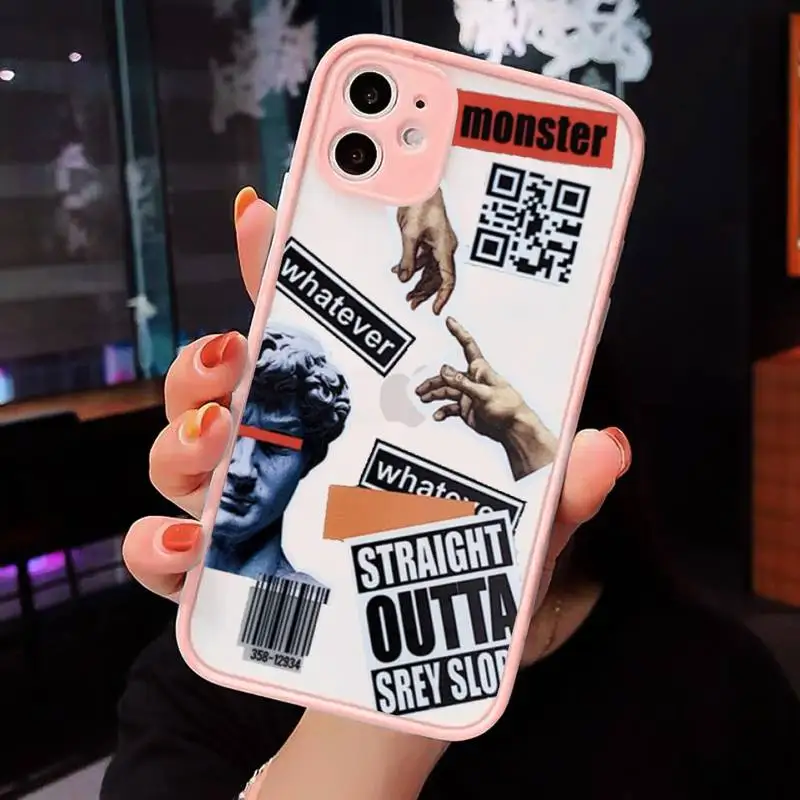 

Retro stitching sticker style Phone Case Pink matte transparent For iPhone 7 8 x xs xr 11 12 pro plus max mini Clear Funda