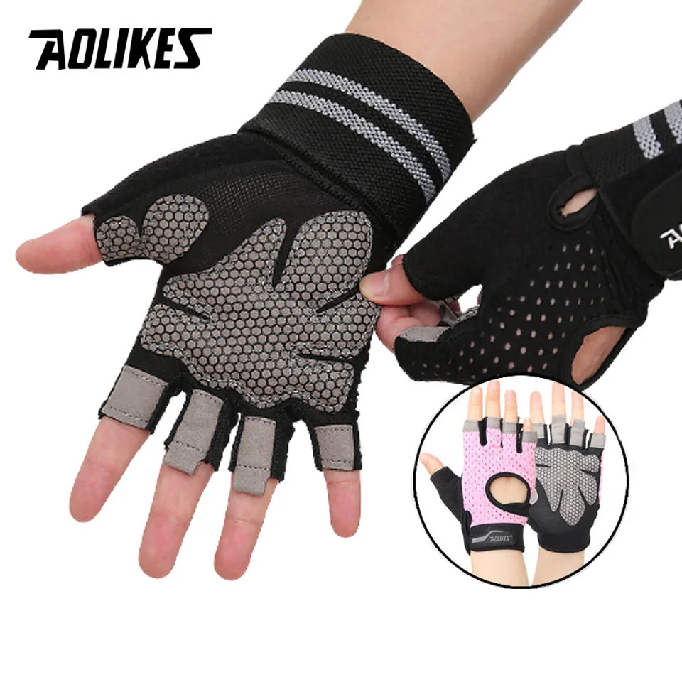 

AOLIKES Fitness Gym Glove Men & Women Anti-Slip Silicone Grip Padded Weight Lifting Gloves with Wrist Wrap Crossfit Workout