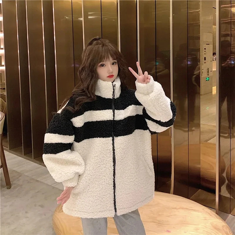 Lamb Wool Coat Women Winter Korean Version Of Thin Sweater Plus Velvet Thickening Contrast Color Wild Lazy Style Fried Street To |