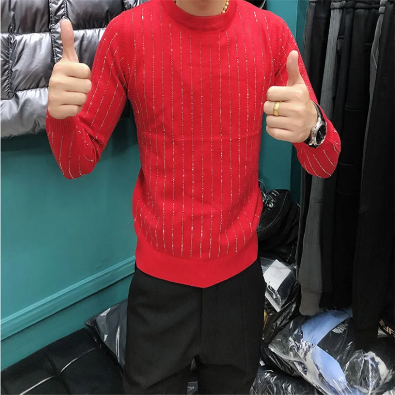 

Top quality men's sweater round neck leisure solid diamond pullover