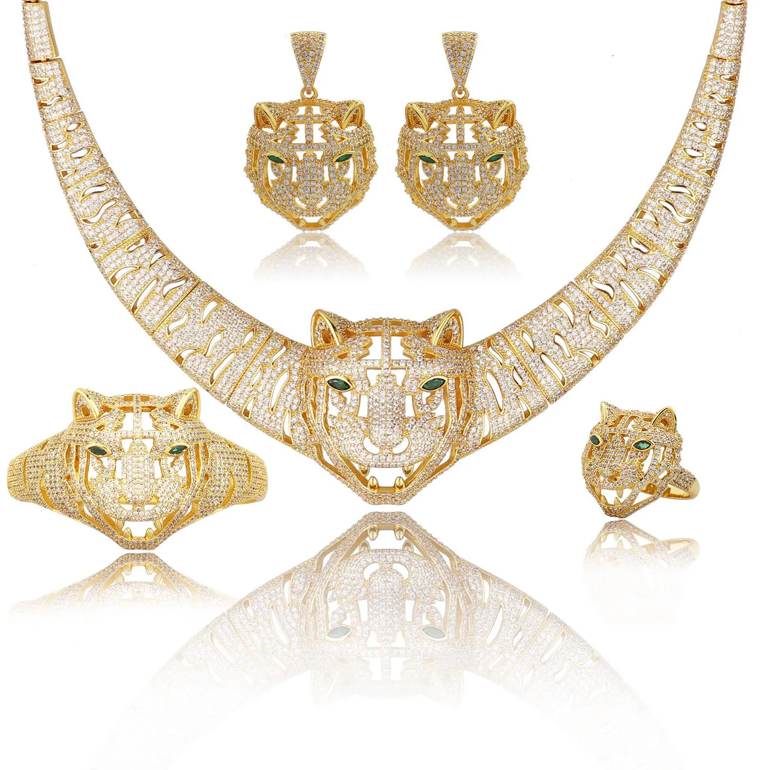 Роскошное классическое модное ожерелье большого размера с животными тигром серьги браслет кольца из циркония меди набор ювелирных изделий...