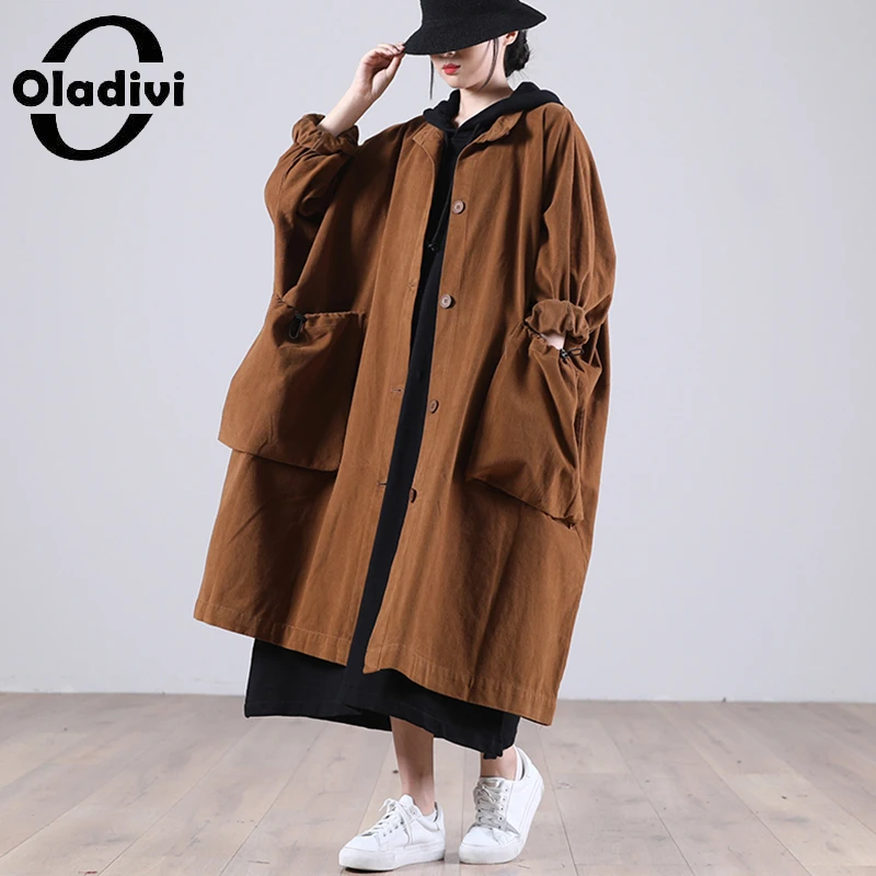 

Oladivi Oversized Women Big Pockets Long Sleeve Trench Coat Casual Loose Overcoat Autumn Fashion Lady Outerwear 9125 6XL 7XL 8XL