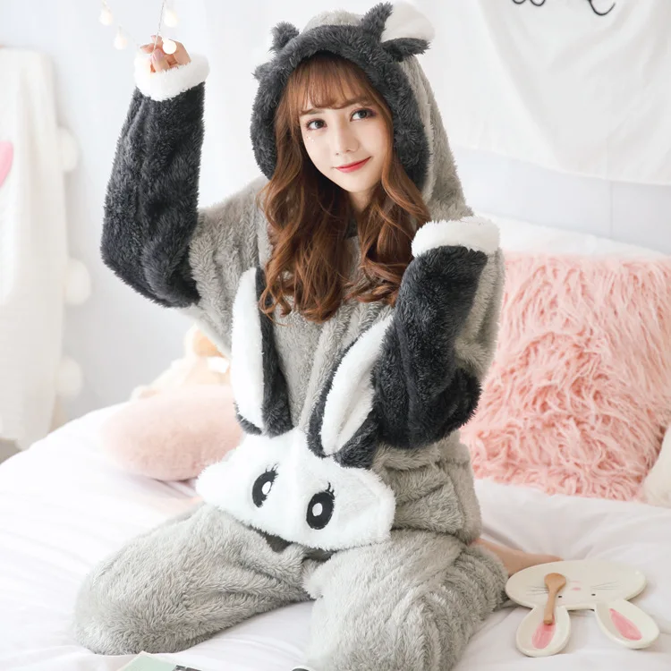 

Winter Sleepwear Women's Pajamas Long Velvet Warm Winter Homewear Set Cartoon Flannel Women's Hooded Women Sleepwear Pyjama Set