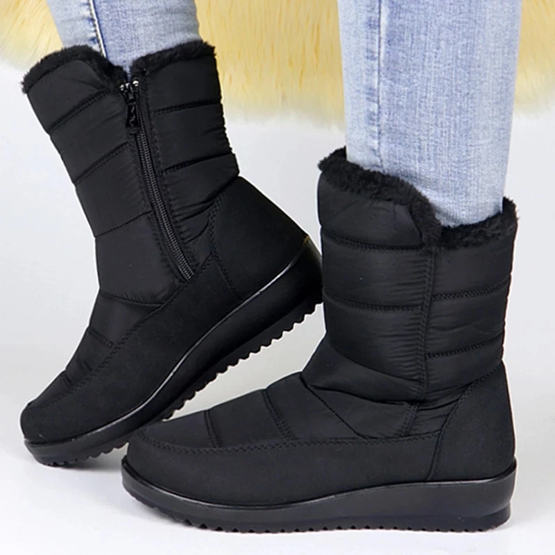 

TIMETANG Women Mid-Calf Boots Low Heel Snow Boots Shoes Women Winter Zipper Boots Waterproof Plush Warm Wedges Botas Mujer