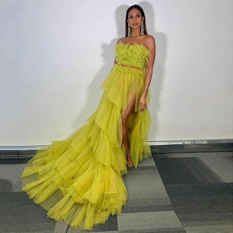 

Sevintage 2 Pieces Crumpled Tulle Prom Dresses Split Side Tiered Party Gowns Strapless Long Train Evening Dress Custom Made